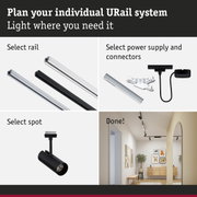 Modular URail track system with black and white aluminium rails for flexible LED lighting setup