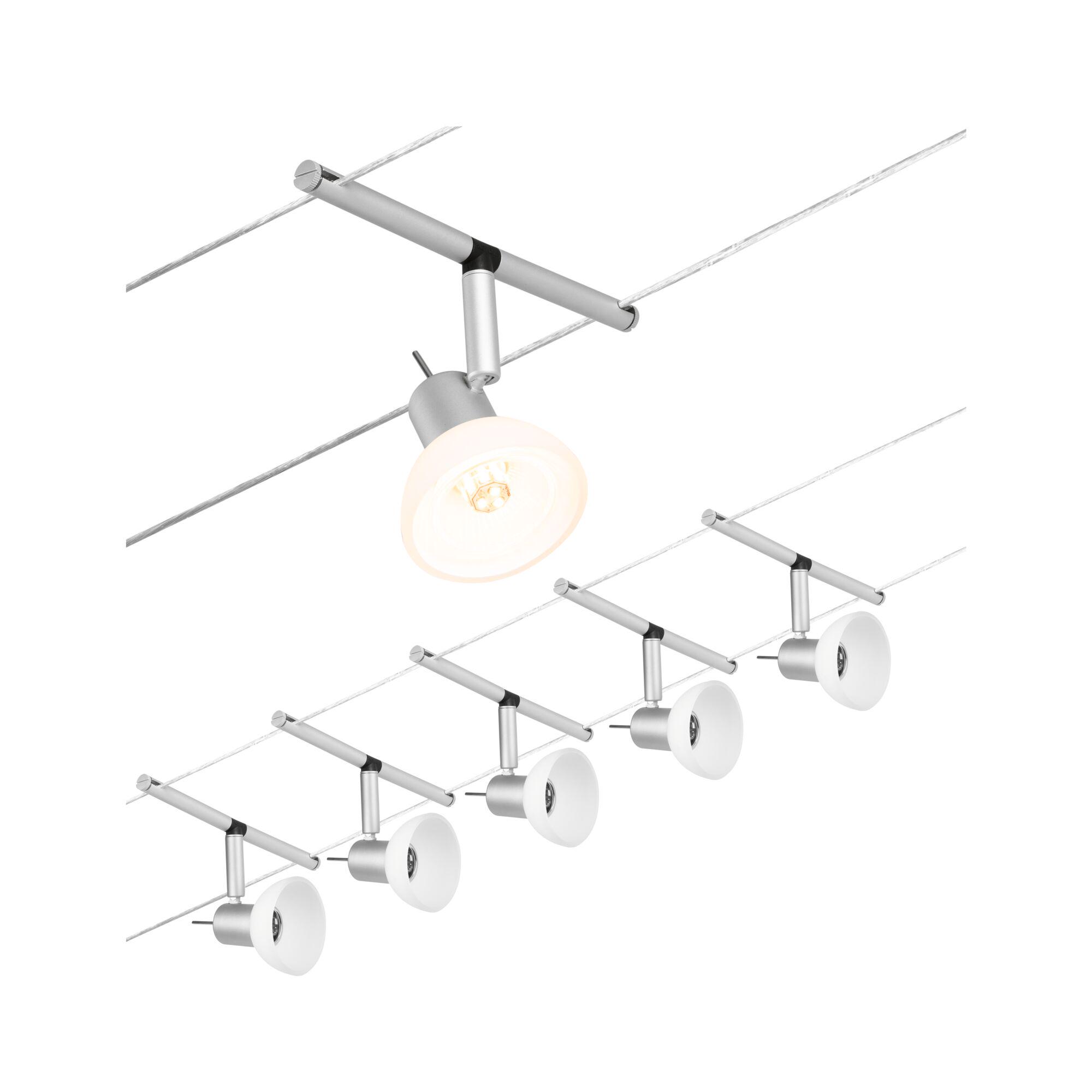 Modern cable spotlight with silver aluminium housing and white lampshade for living spaces