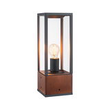 Modern table lamp with wooden base and black metal frame, clear glass cover, visible LED bulb for ambient lighting