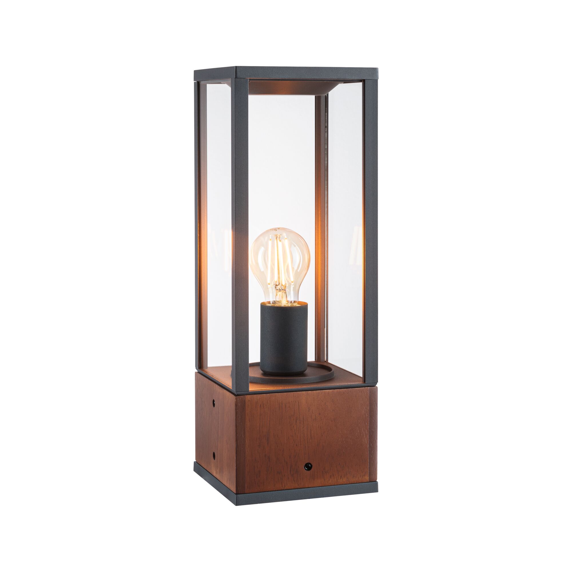 Moderne Tischlampe mit Holzsockel und schwarzem Metallrahmen, klare Glasverkleidung, sichtbare Glühbirne