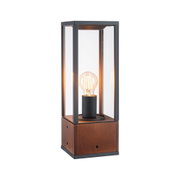Moderne Tischlampe mit Holzsockel und schwarzem Metallrahmen, klare Glasverkleidung, sichtbare Glühbirne