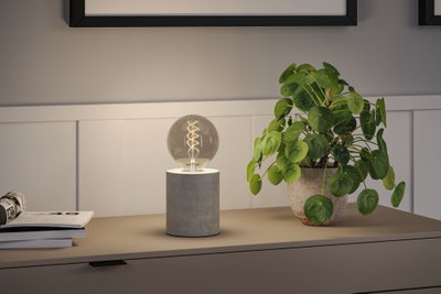 Moderne bordlampe med grå betonfod og dekorativ pære på skænk ved siden af grøn stueplante