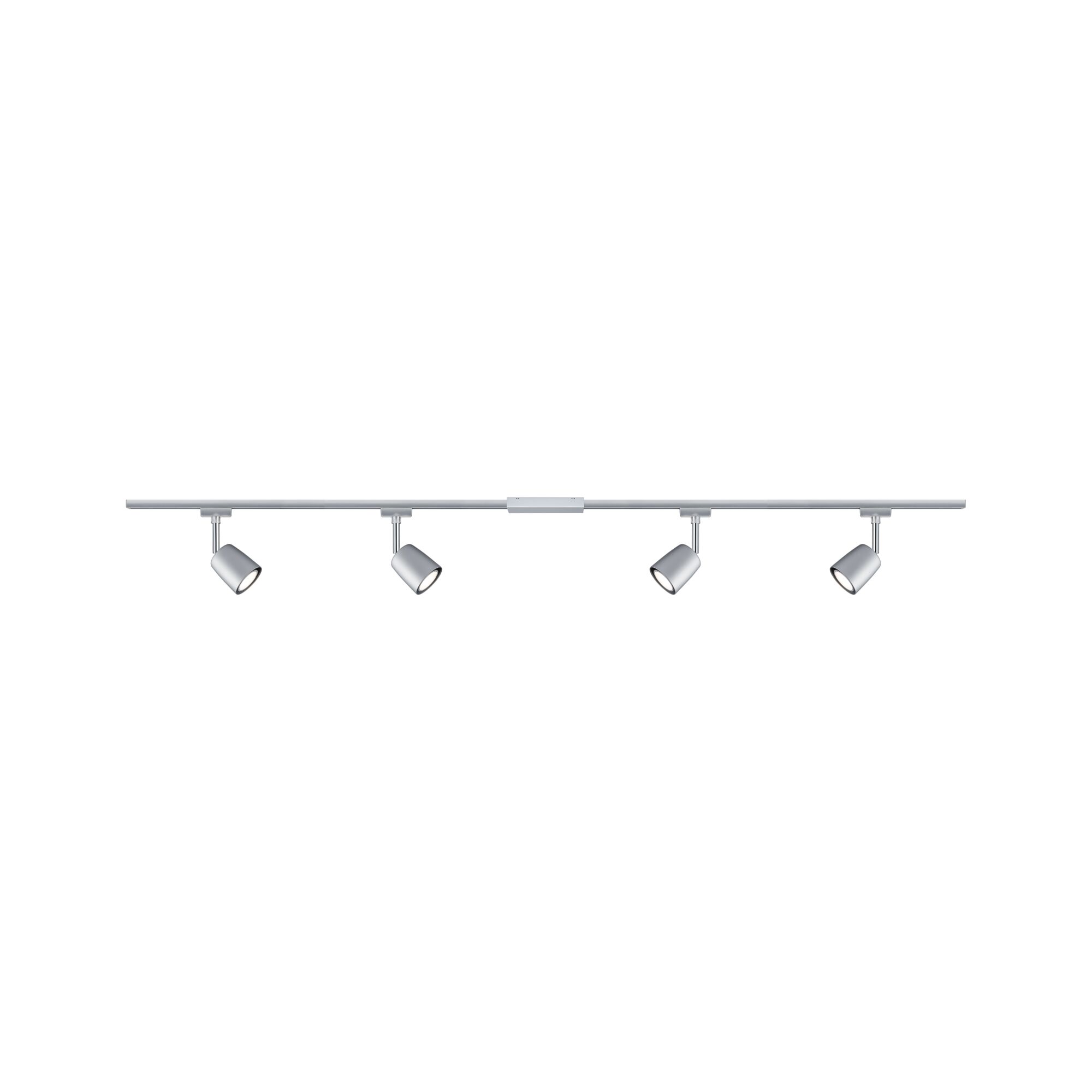 Rail LED à quatre spots en aluminium argenté avec projecteurs orientables pour éclairage moderne