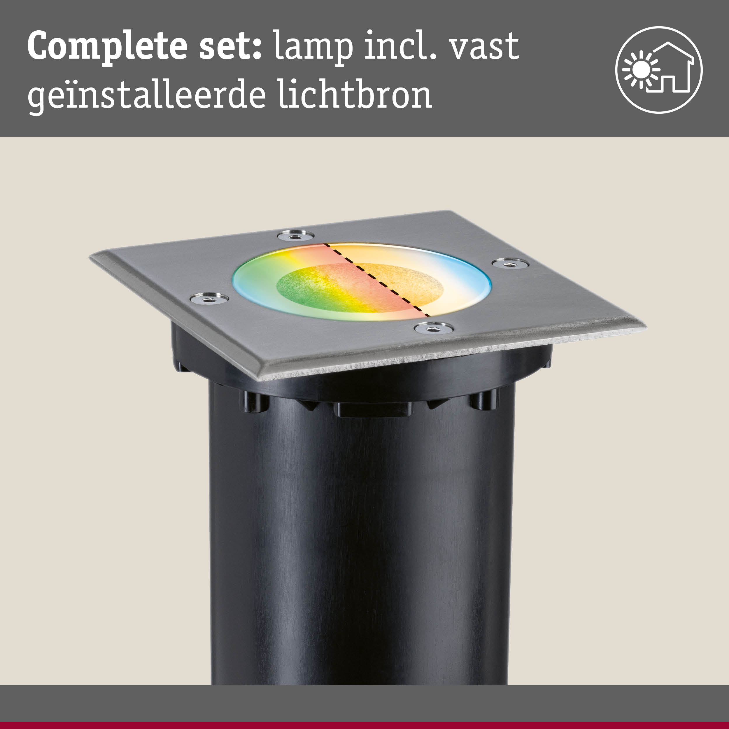 Vierkante inbouw grondspot van roestvrij staal met RGB LED en zwarte behuizing voor buitenverlichting