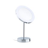 Modern cosmetic mirror with LED ring and chrome base, round illuminated makeup mirror for bathroom and table