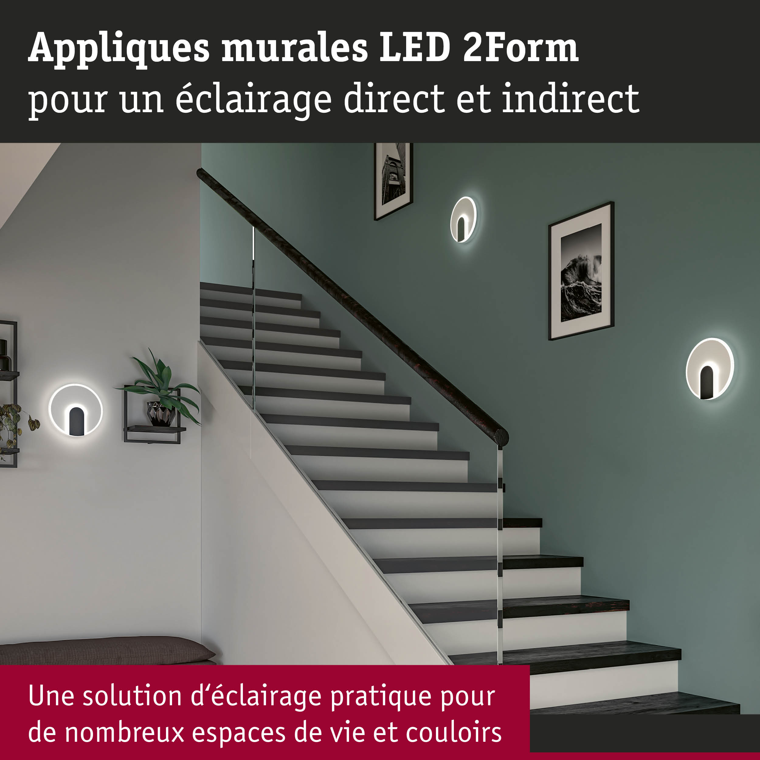 Applique murale LED 2Form noire avec éclairage direct et indirect pour escalier moderne