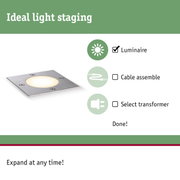 Square stainless steel recessed luminaire with warm white light, perfect for LED lighting and light staging