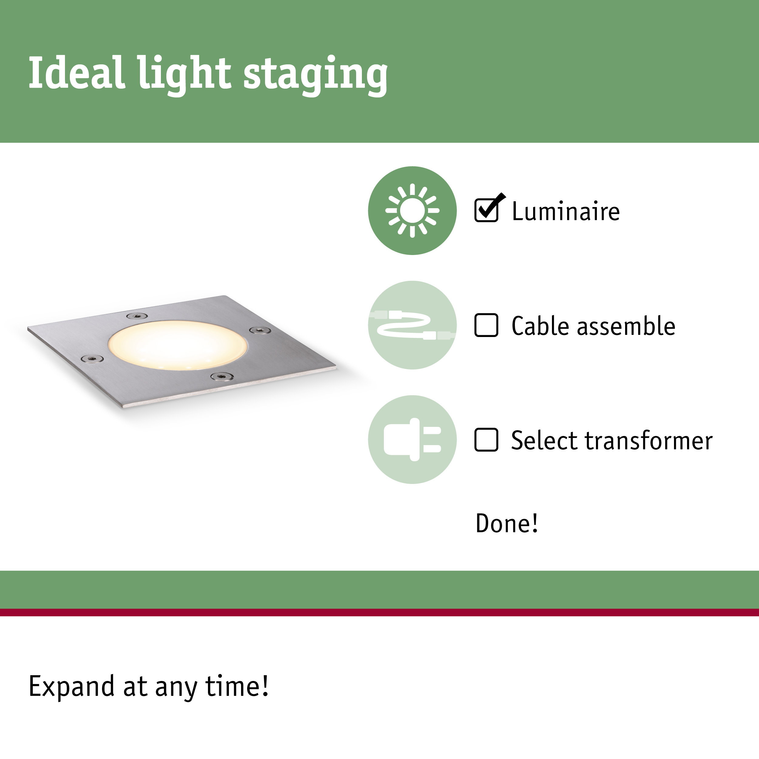 Square stainless steel recessed luminaire with warm white light, perfect for LED lighting and light staging