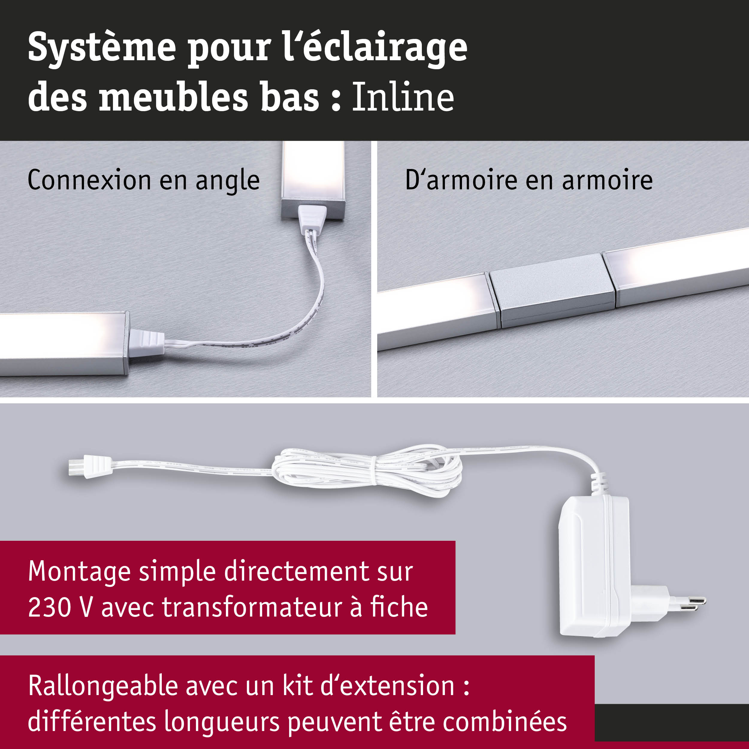 Système d'éclairage LED blanc pour meubles avec connexion en angle et d'armoire, transformateur 230 V