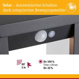 Nahaufnahme eines schwarzen Solarlampen-Bewegungsmelders mit 3 Meter Reichweite und automatischer Schaltung