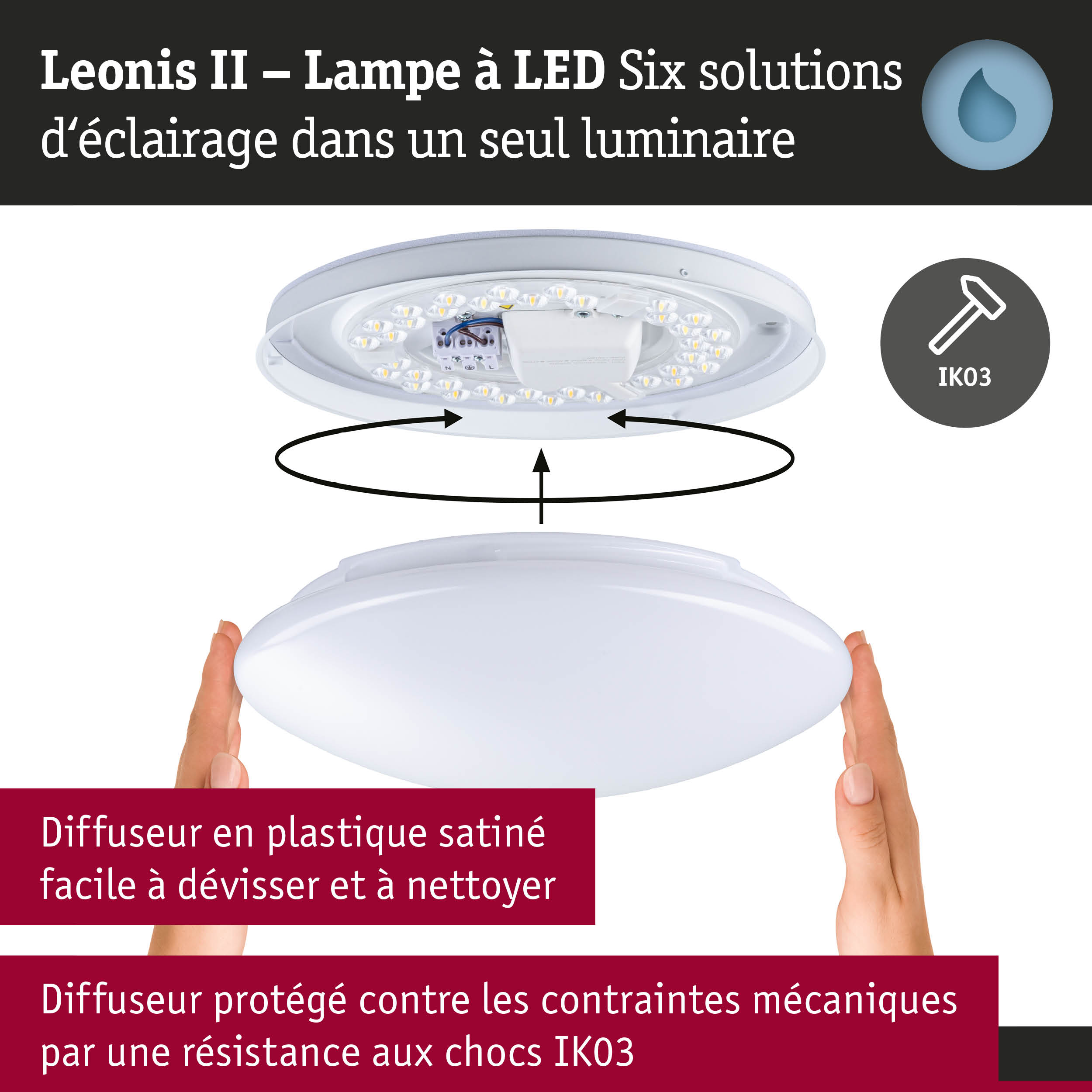 Plafonnier LED blanc Leonis II avec diffuseur en plastique satiné et résistance aux chocs IK03