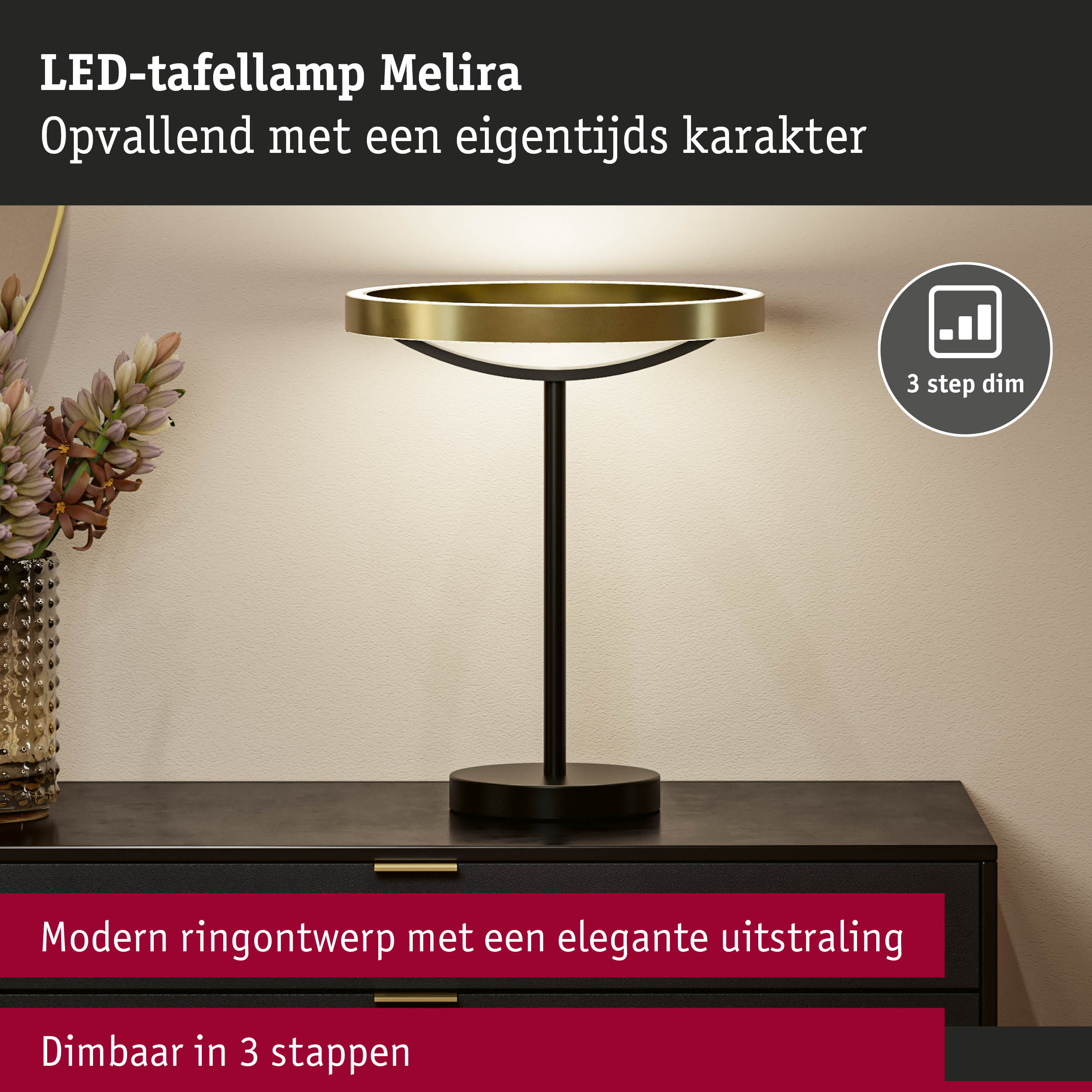 LED-tafellamp Melira met modern gouden ringontwerp en zwarte voet, dimbaar in 3 stappen