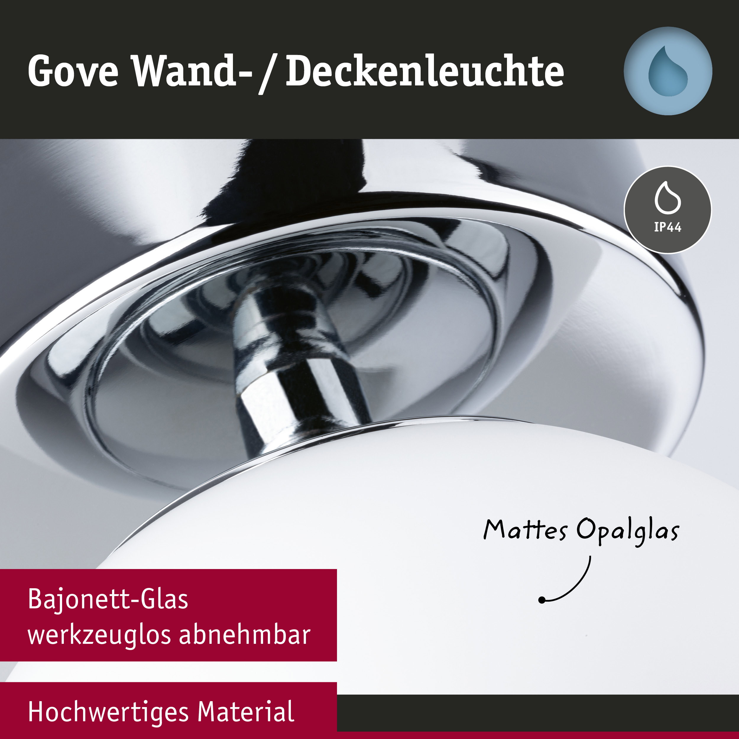 Gove Wand- und Deckenleuchte aus mattweißem Opalglas mit hochwertigem Bajonett-Glas und IP44 Schutz
