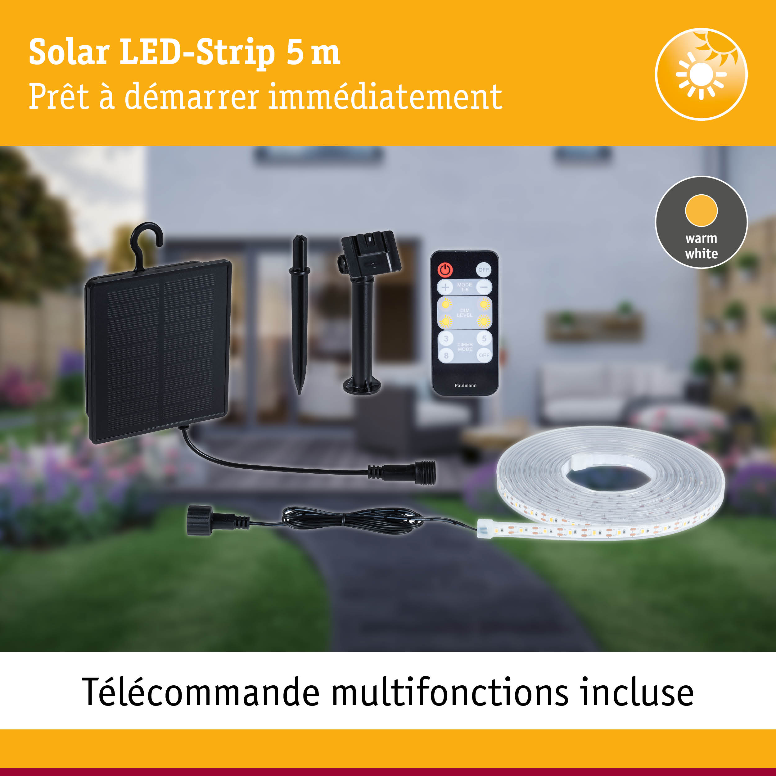 Bande LED solaire 5 m avec télécommande, lumière blanc chaud, panneau solaire et accessoires inclus