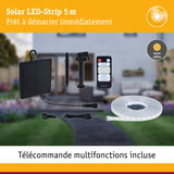 Bande LED solaire 5 m avec télécommande, lumière blanc chaud, panneau solaire et accessoires inclus