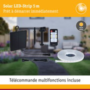 Bande LED solaire 5 m avec télécommande, lumière blanc chaud, panneau solaire et accessoires inclus