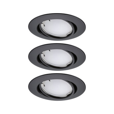 Drei schwarze Einbaustrahler aus Metall mit weißem Diffusor für moderne LED-Deckenbeleuchtung