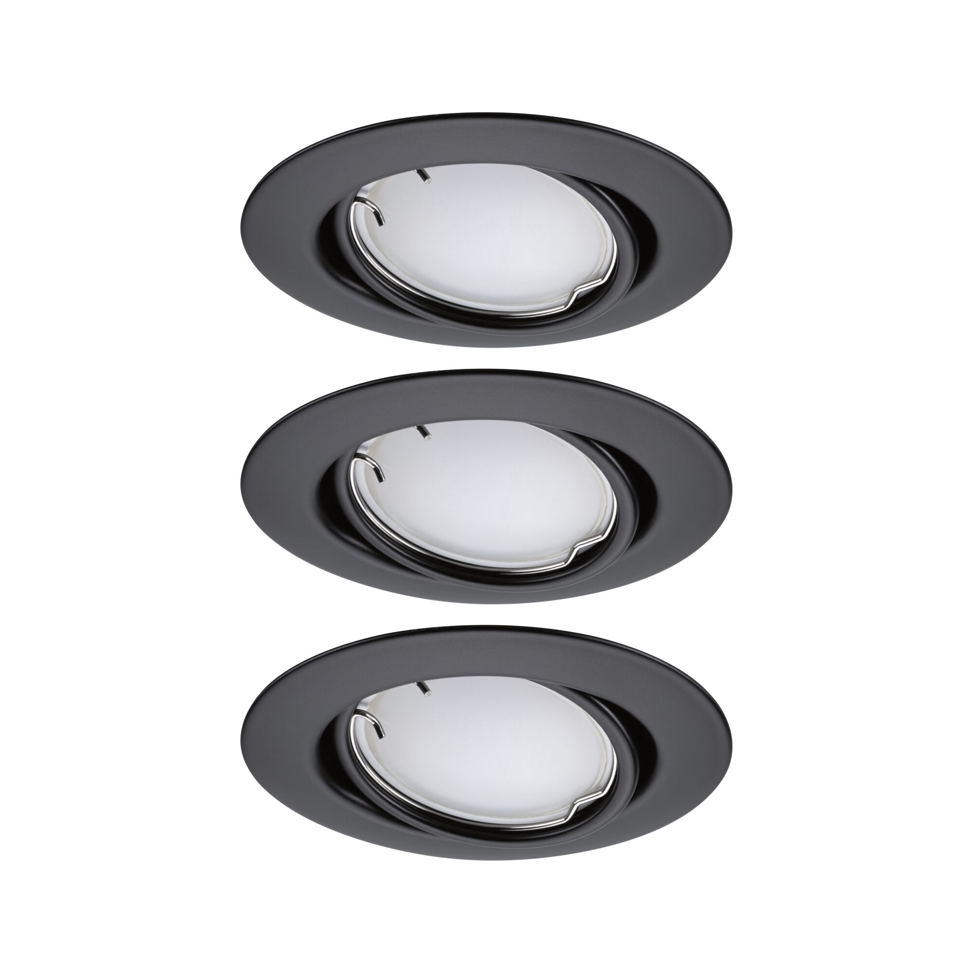 Drei schwarze Einbaustrahler aus Metall mit weißem Diffusor für moderne LED-Deckenbeleuchtung