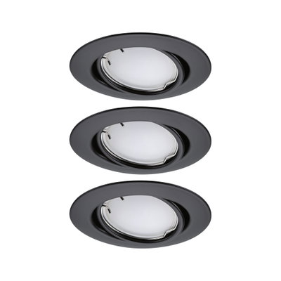 Three black metal recessed spotlights with white diffuser for modern LED ceiling lighting