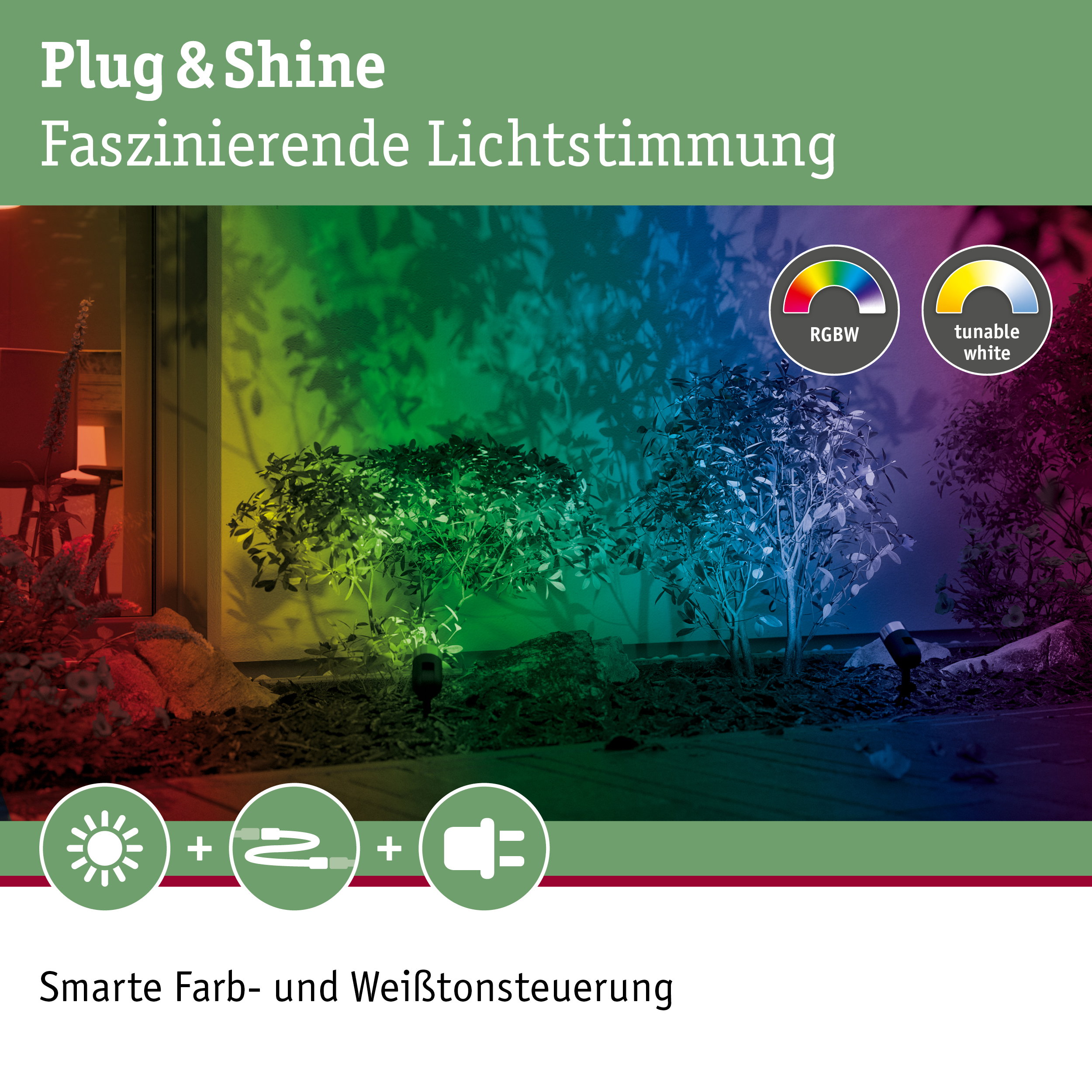 Bunte RGBW- und einstellbare Weißlichtbeleuchtung im Garten mit Plug & Shine System für stimmungsvolle Lichtakzente