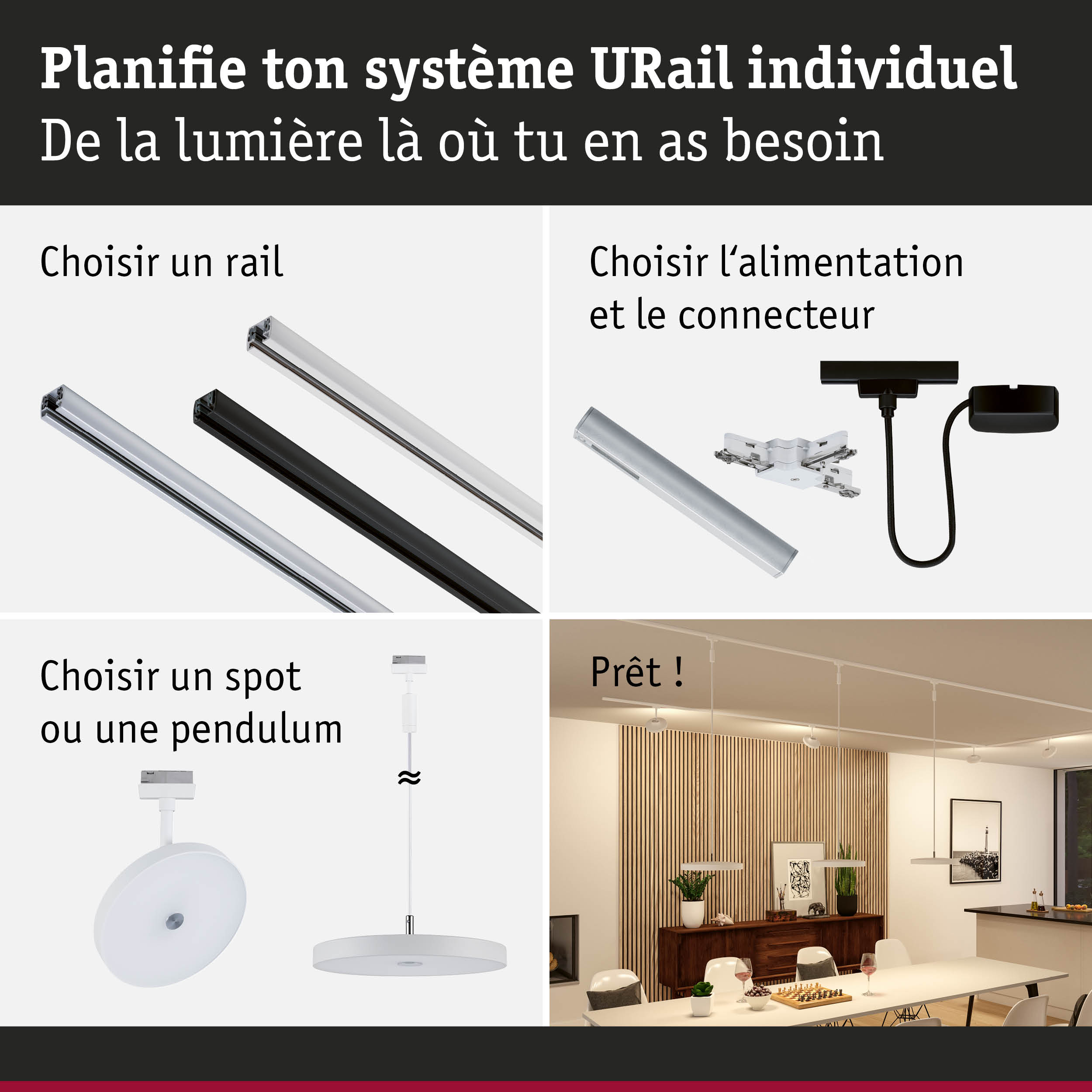 Système de rail URail modulaire en aluminium noir et blanc pour un éclairage flexible et personnalisé.