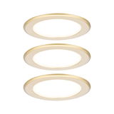 Drei runde LED-Einbauleuchten in goldfarbenem Aluminium mit warmweißem Licht für Wohnräume