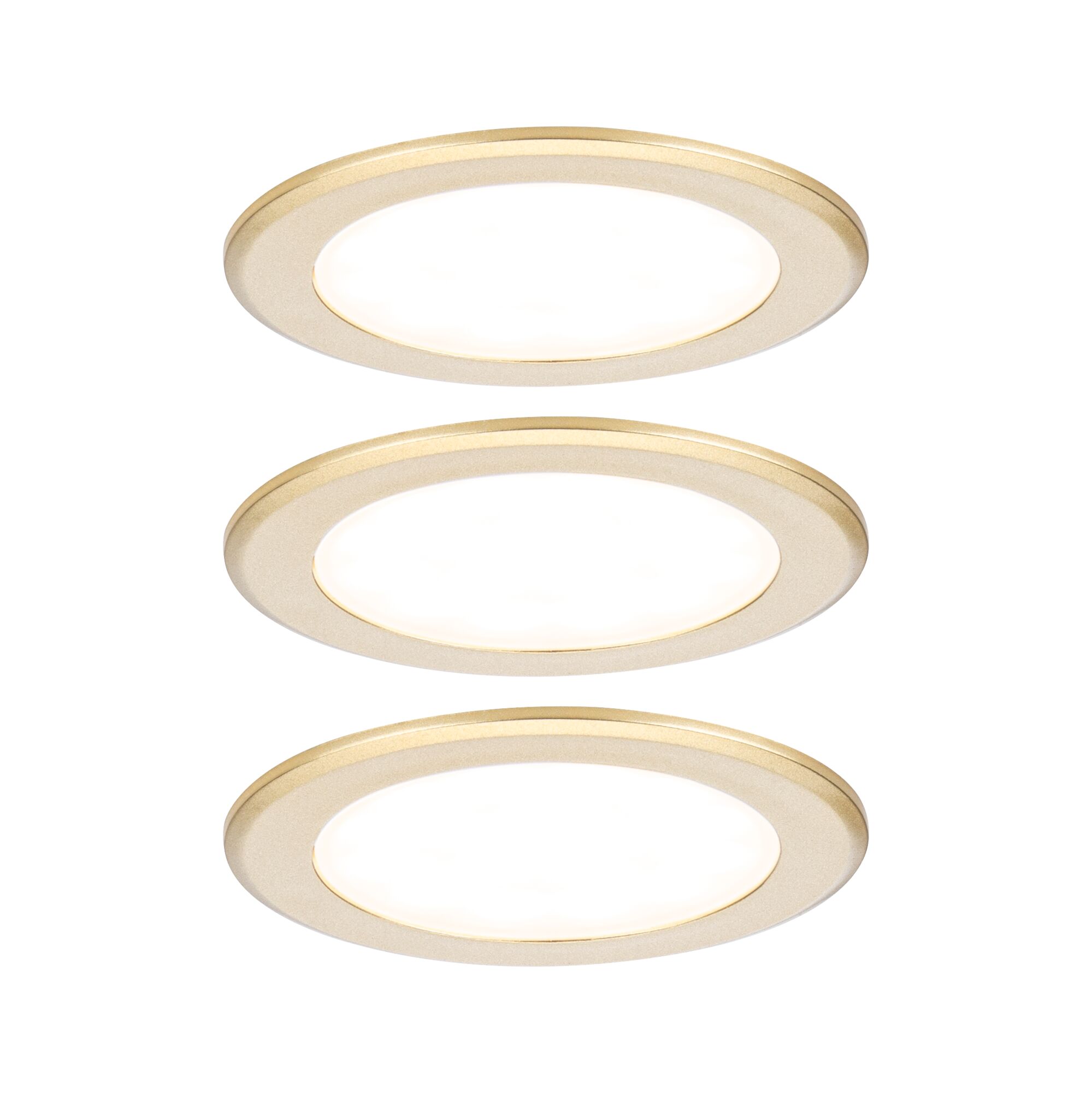 Wpuszczane oświetlenie meblowe LED Zestaw 3 okrągły 65mm 3x2,5W 3x180lm 230/12V 3000K Złoty matowy Three round gold aluminum LED recessed lights with warm white light for living spaces