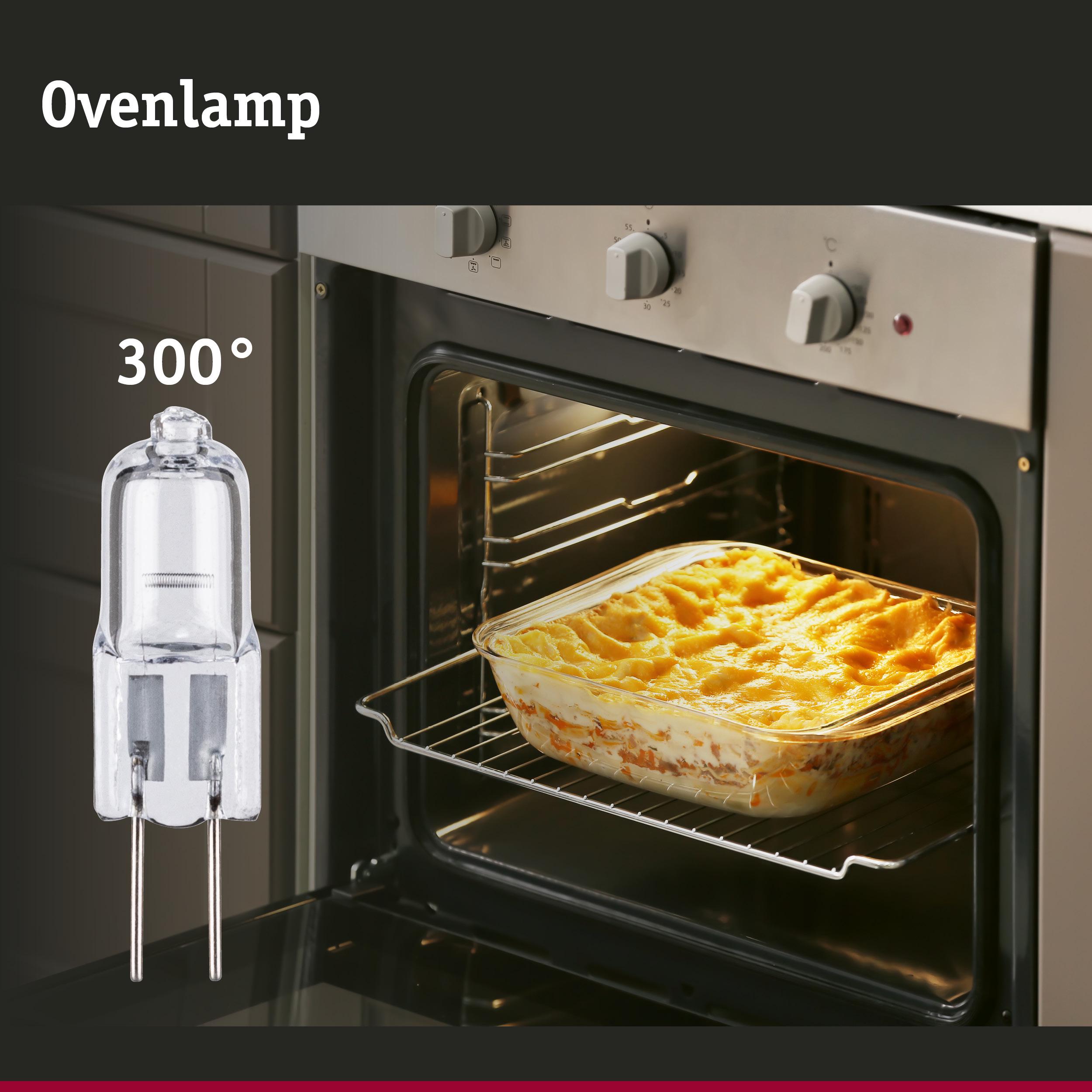 Glazen ovenlamp tot 300 graden, naast oven met ovenschotel erin