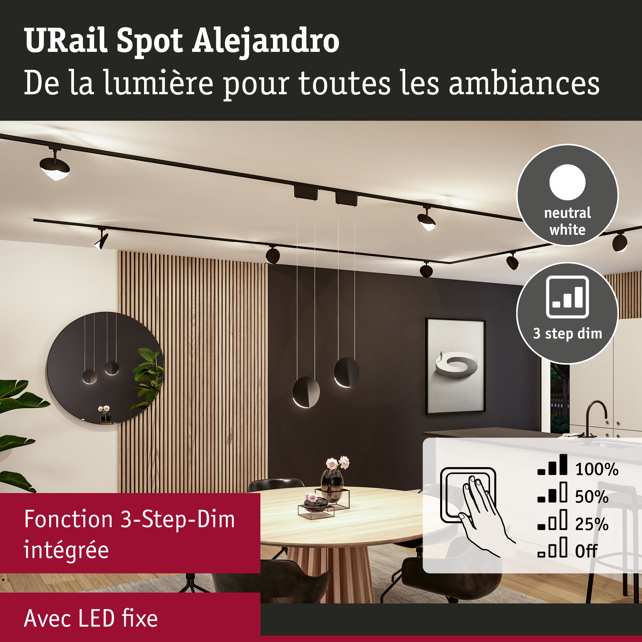 Système d'éclairage sur rail URail Spot Alejandro noir avec variateur 3 étapes et lumière blanc neutre dans salle à manger moderne