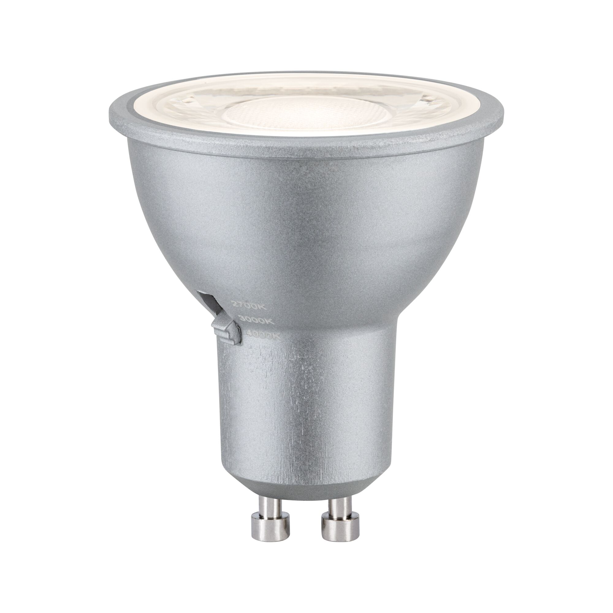 Silberne LED-Reflektorlampe mit GU10-Sockel und einstellbarer Farbtemperatur für Wohnraumbeleuchtung