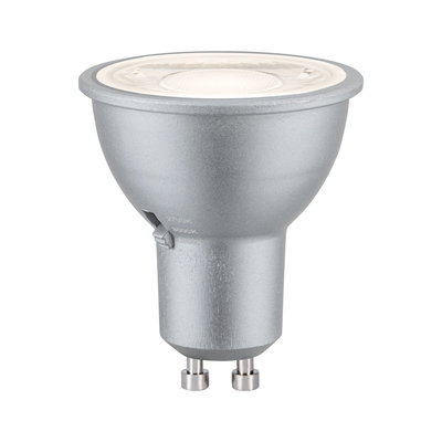 Silberne LED-Reflektorlampe mit GU10-Sockel und einstellbarer Farbtemperatur für Wohnraumbeleuchtung