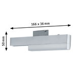 Dimensioned silver LED wall light measuring 166 x 50 mm for modern indoor lighting