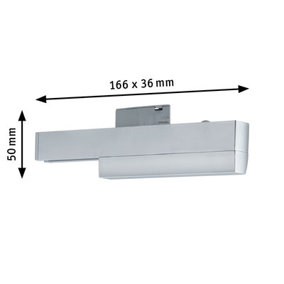 Dimensioned silver LED wall light measuring 166 x 50 mm for modern indoor lighting