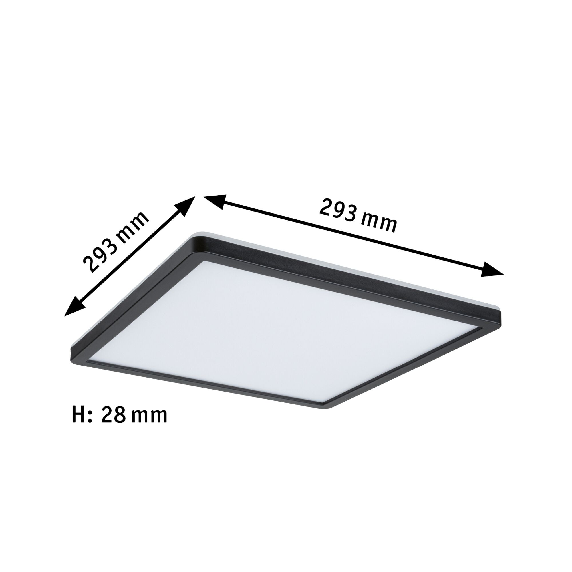 Quadratische LED-Deckenleuchte in Schwarz mit weißem Diffusor, Maße 293x293x28 mm, moderne Raumbeleuchtung