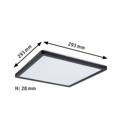 Quadratische LED-Deckenleuchte in Schwarz mit weißem Diffusor, Maße 293x293x28 mm, moderne Raumbeleuchtung