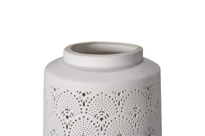 White ceramic lampshade with delicate perforated patterns for decorative LED lighting