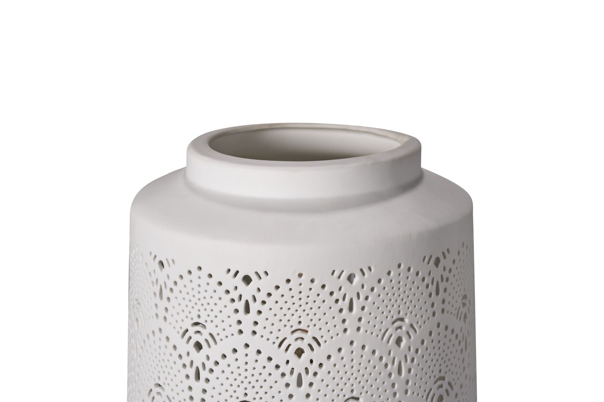 White ceramic lampshade with delicate perforated patterns for decorative LED lighting