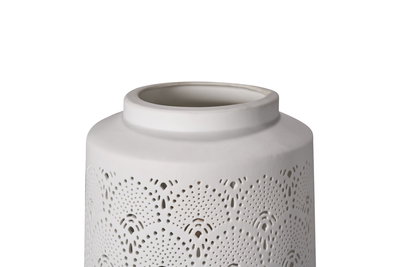 White ceramic lampshade with delicate perforated patterns for decorative LED lighting