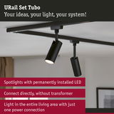 Black URail Set Tubo LED spotlights mounted on ceiling for flexible living area lighting