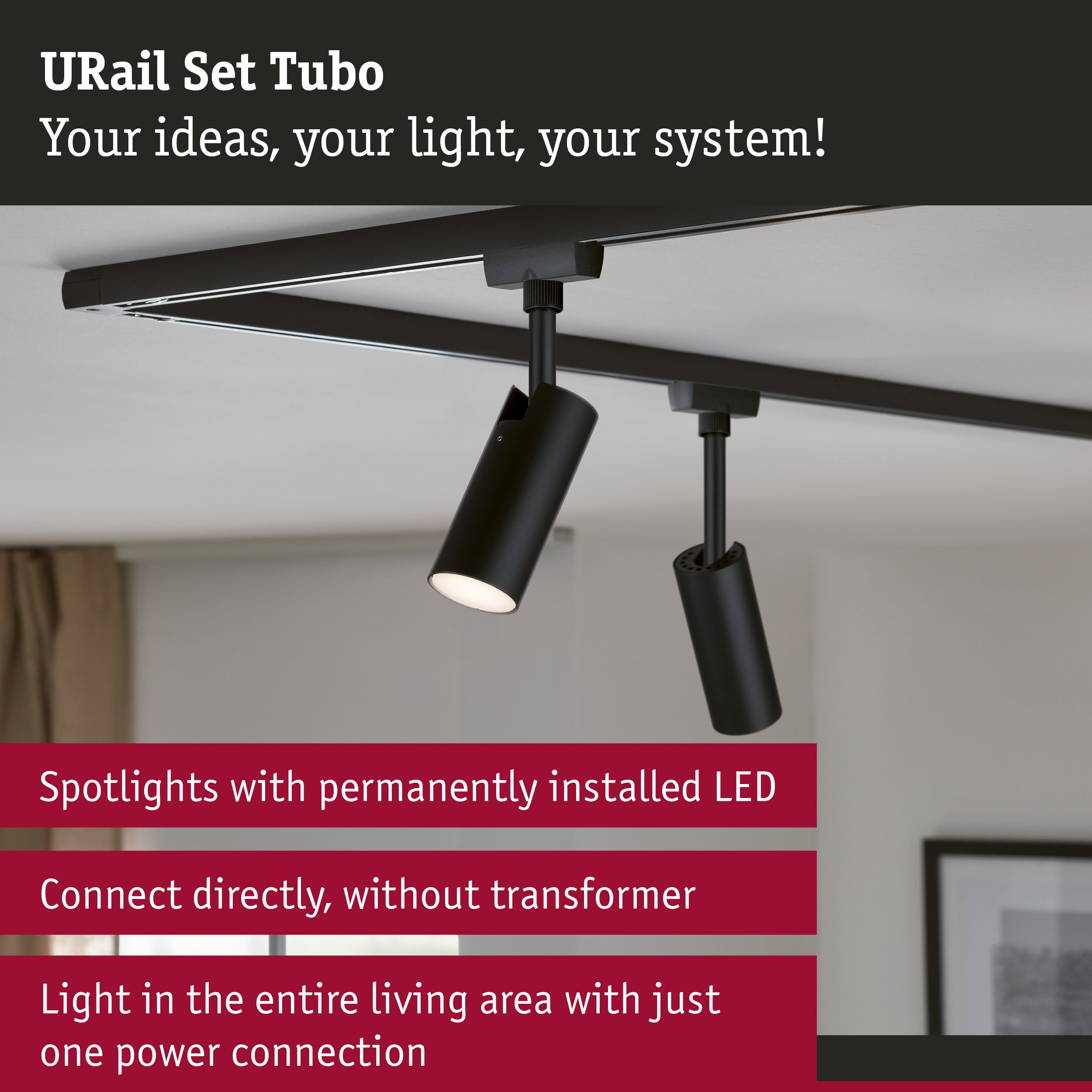 Black URail Set Tubo LED track lighting system with adjustable spotlights for living spaces