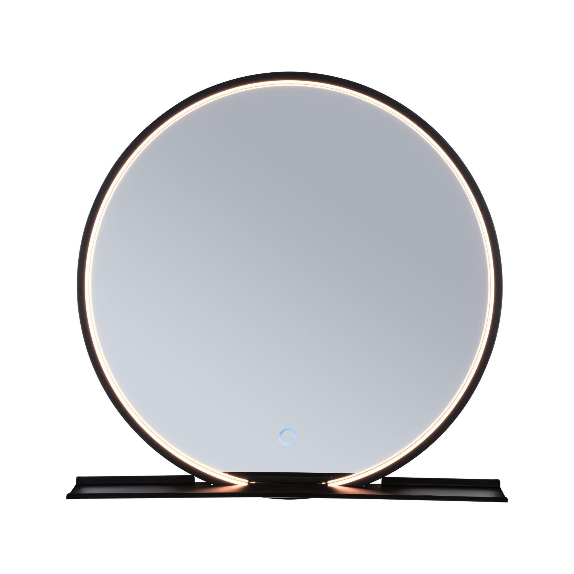 Ronde spiegel met zwarte rand en LED-verlichting voor moderne badkamerinrichting.