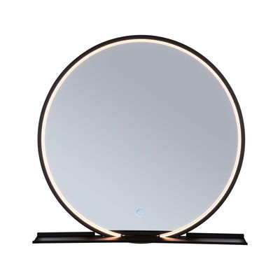 Ronde spiegel met zwarte rand en LED-verlichting voor moderne badkamerinrichting.