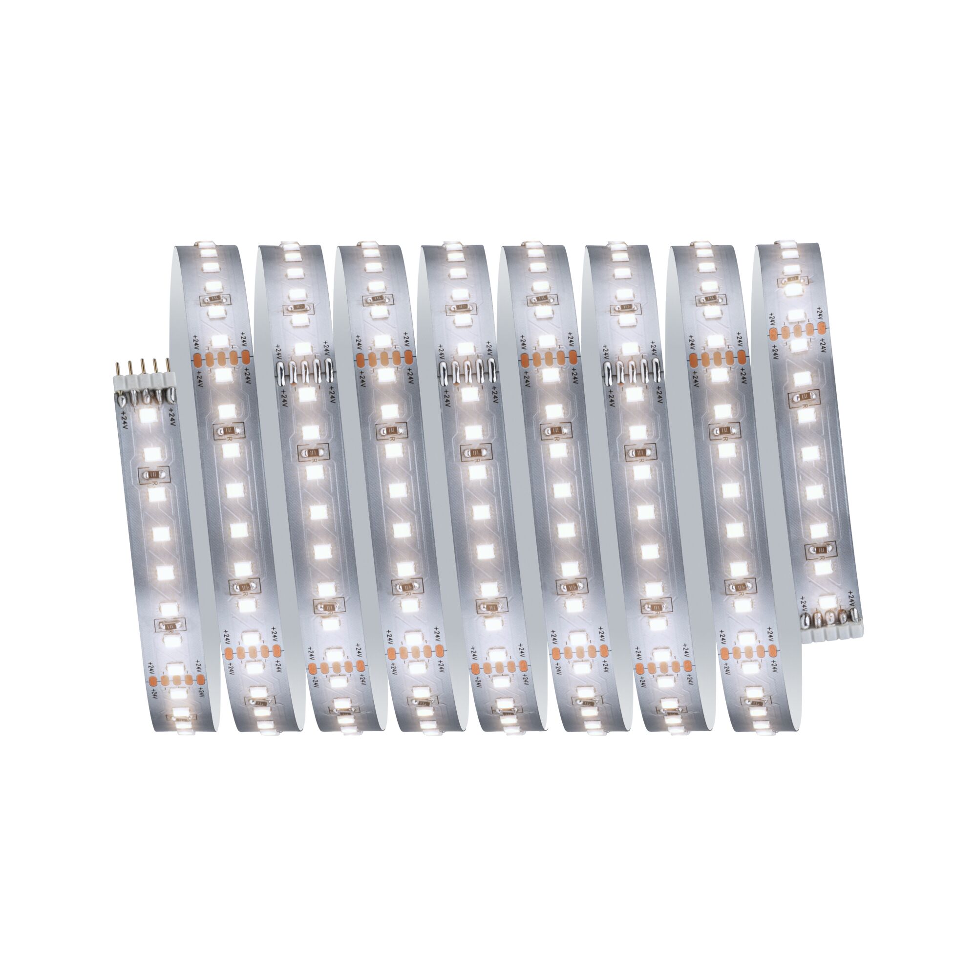 Flexible white LED strip with 24V connector for modern lighting applications.