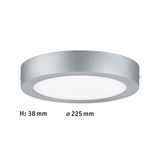 Round LED ceiling light in silver aluminum, 225 mm diameter and 38 mm height for modern interiors