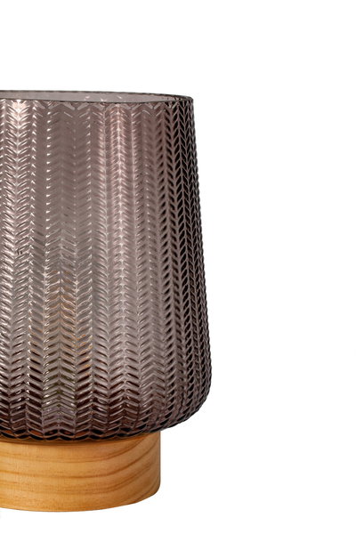 Brown textured glass table lamp with light wooden base for elegant home lighting and decor