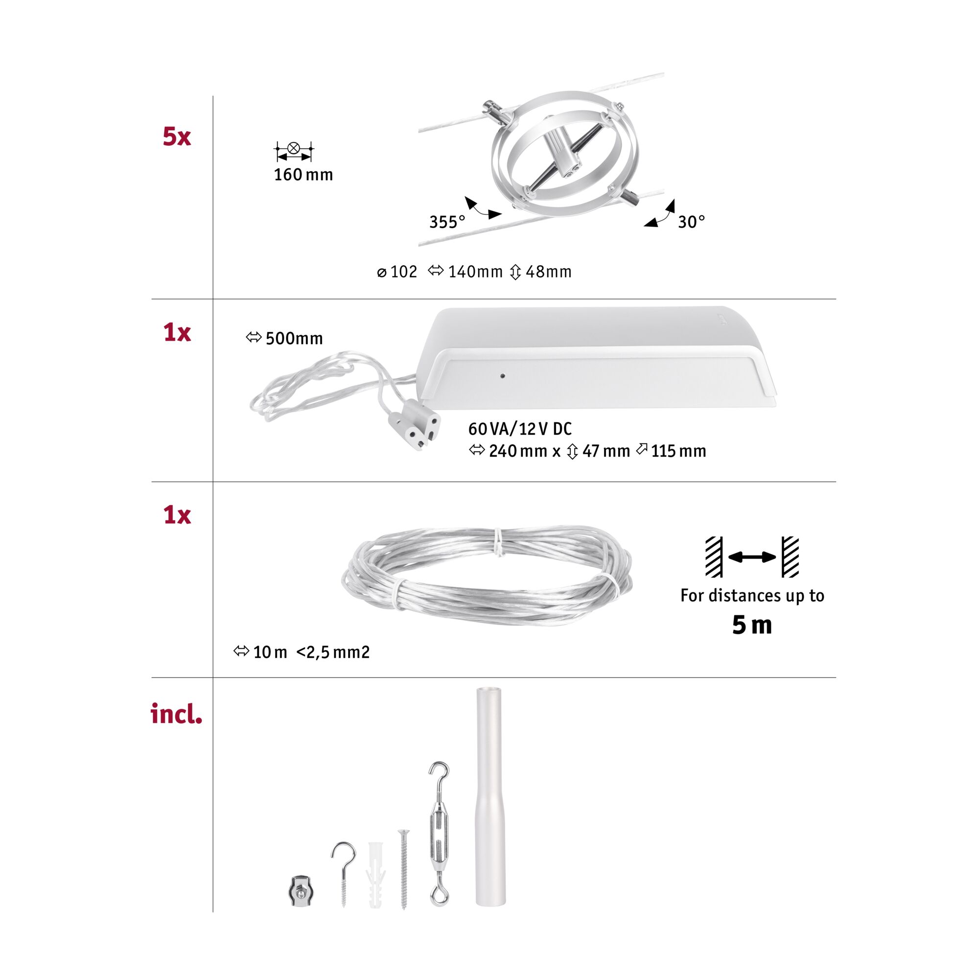 Technische Zeichnung mit fünf silbernen LED-Seilstrahlern, Netzteil, 10m Kabel und Montagematerial