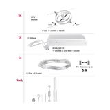 Technische Zeichnung mit fünf silbernen LED-Seilstrahlern, Netzteil, 10m Kabel und Montagematerial