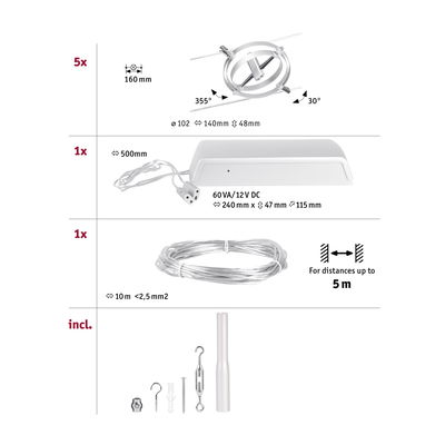 Technische Zeichnung mit fünf silbernen LED-Seilstrahlern, Netzteil, 10m Kabel und Montagematerial