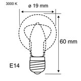 Technical drawing of an E14 LED bulb with 19 mm diameter and 60 mm height, 3000 K color temperature