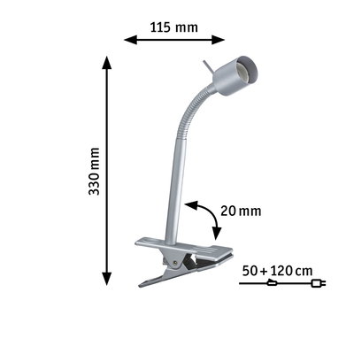 Zilveren metalen klemlamp met flexibele hals, 330 mm hoog, geschikt voor bureauverlichting.